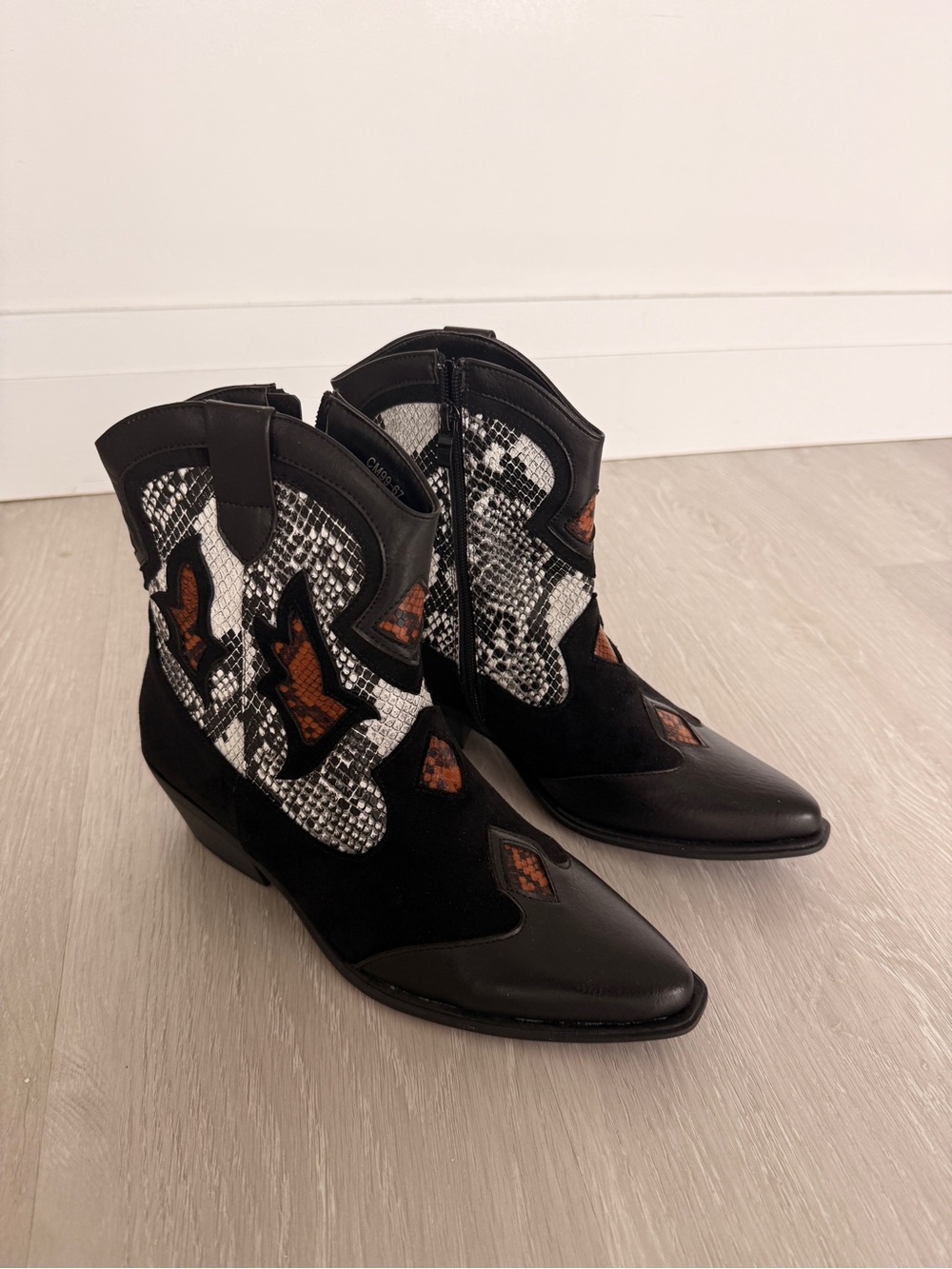 Black Suede & Snakeskin Accent Western Ankle Boots